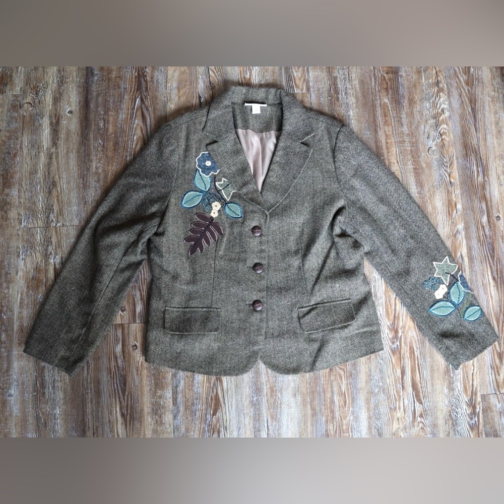 Dressbarn Womens Brown Floral Applique Artsy Herringbone Wool Blend Blazer 16